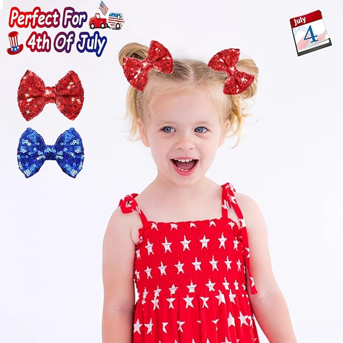4th of July Hair Accessories: Sequin Alligator Clips, Glitter Bows, Barrettes for Girls, Teens Gift