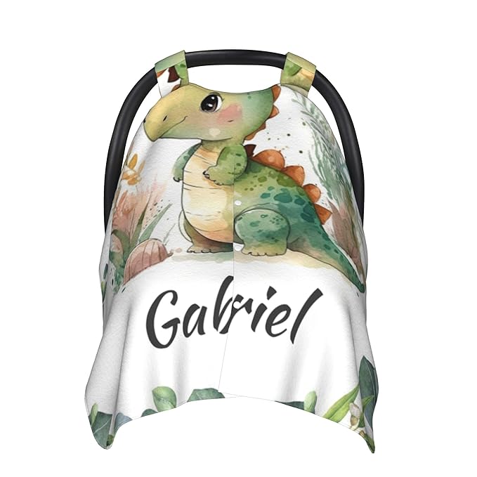 Personalized Winter Carseat Cover for Baby Custom Name Dino Car Seat Canopy for Newborn Baby Boys Girls 2 in 1 Mom Nursing Breastfeeding Covers Dinosaur Minky Baby Carrier Stroller Covers