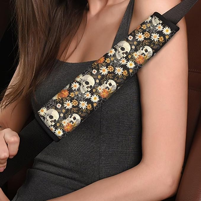 Biyejit Skull Daisy Flower Car Seat Belt Covers Set of 2, Halloween Decor Car Accessories Protector Soft Seatbelt Strap Shoulder Pad for Bags Backpacks