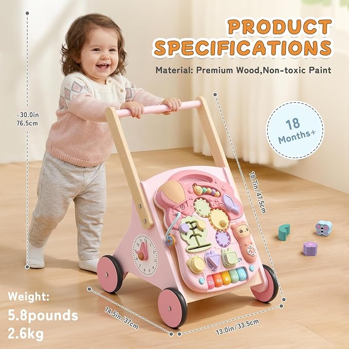 Wiqins Wooden Baby Push Walker, 10-in-1 Baby Walker Toys with Wheels for Toddlers 18 Months, Detachable Montessori Activity Board Toy & Storage for 1 Year Old Boys Girls Learning to Walk