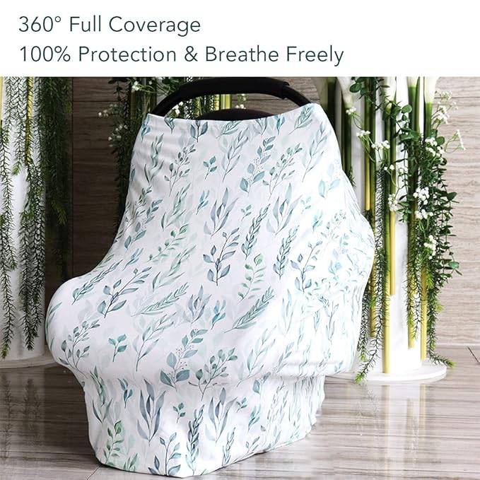 DILIMI Baby Car Seat Cover Green Leaf, Breastfeeding Cover Soft Breathable Infant Carseat Canopy Multifunctional Cover for Stroller/High Chair/Shopping Cart/Car Seat Canopies