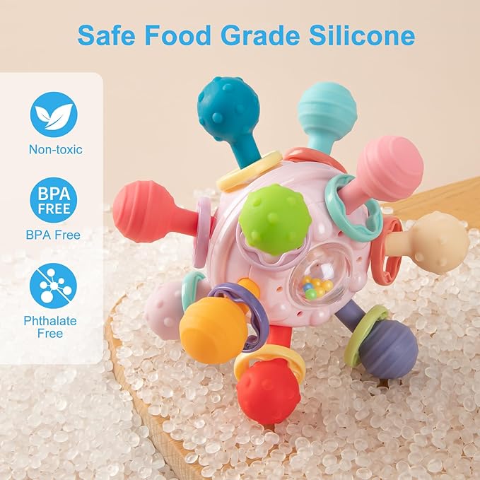 Easter Baby Teething Toys for 0-6 6-12 Months, BPA Free Food Grade Silicone Teether, Infant Sensory Chew Rattles Toys, Perfect Baby Easter Basket Stuffers & Easter Gifts, Pink