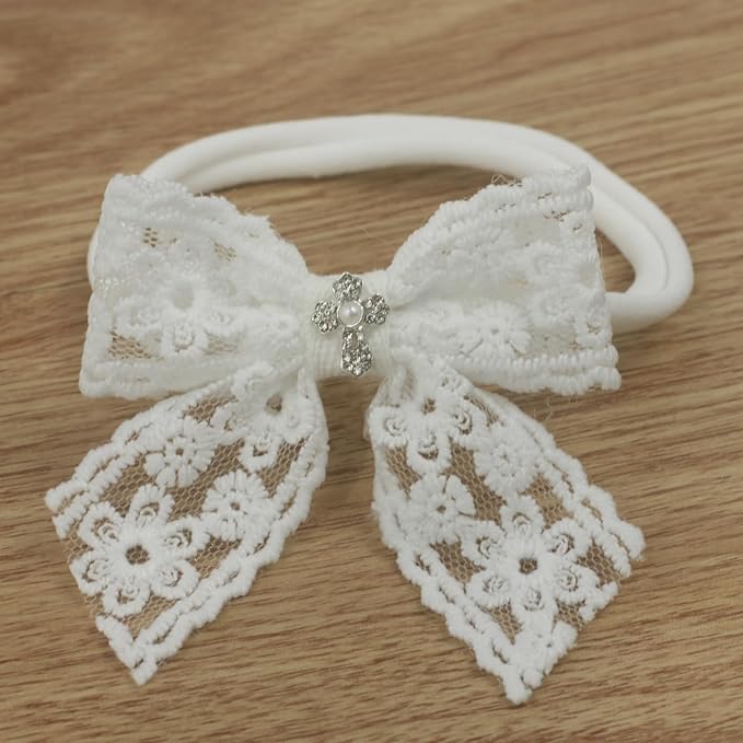 Nihao Baby Off White Lace Bow Small Baptism Headband for Baby Girls -2 PCS
