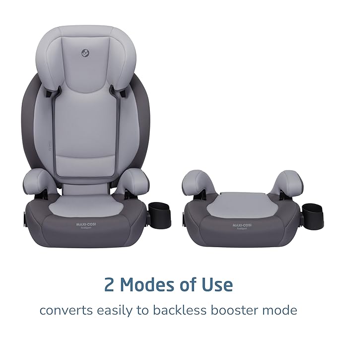 Maxi-Cosi RodiSport Kids Booster Car Seat, High-Back, Backless Booster, 7-Position Headrest, Easy Latch System, Reclining Chair, Belt Guide, Fits 40-100 lbs, 43.4-57 in, Sea Salt