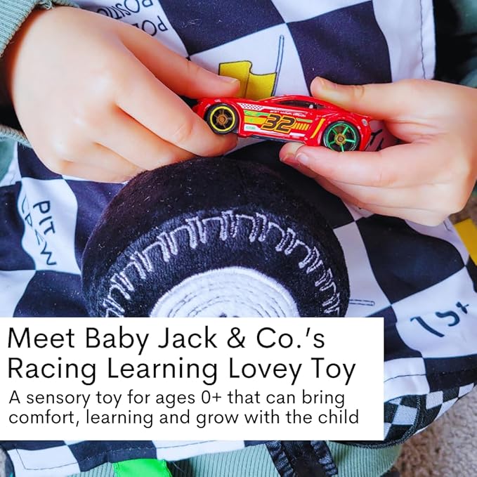 Baby Jack & Co 10x10” Racing Sports Lovey Sensory Plush Blanket - Tag Toy for Babies - Baby Stroller Toys - Learn Shapes, Letters & Colors - MVP Baby Tire Toy & Baby Sports Gift w/Stroller Clip