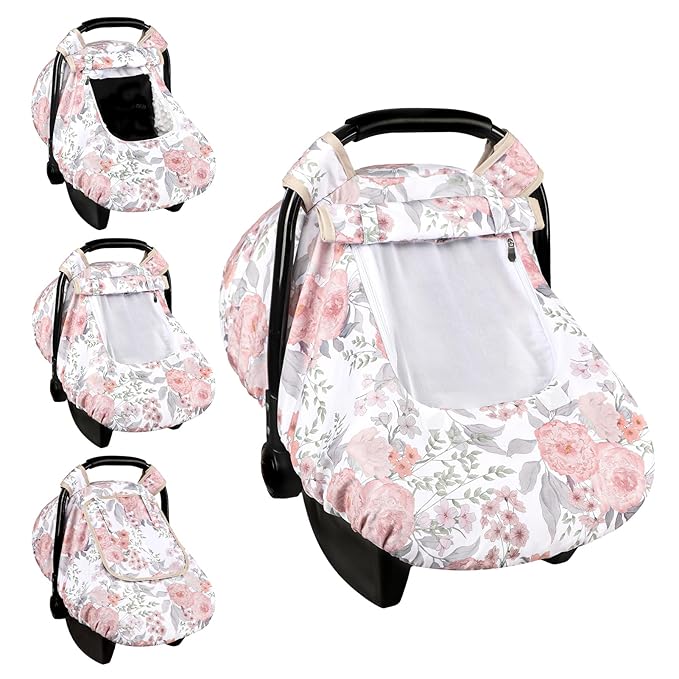 Car Seat Cover Baby, HNHUAMING Infant Car Seat Covers Canopy, Infant Car Seat Insert, Baby Car Seat Head & Body Support for Newborn, Car Seat Strap Pads for Baby Kids, Pink