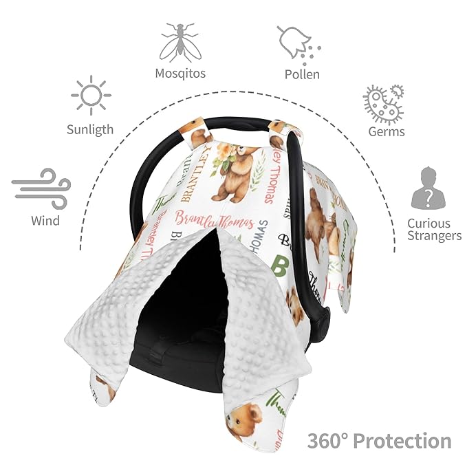 Custom Baby Car Seat Canopy Personalized Car Seat Covers with Name for Baby Boys Girls Customized Bear Nursing Breastfeeding Cover Infant Carseat Canopies Newborn Minky Baby Blanket