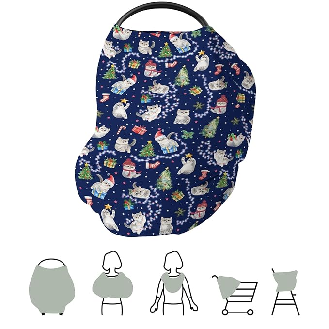 Blue Christmas Holiday Cats Car Seats Cover for Babies Winter Kitten Trees Lights Candy Stretchy 5-in-1 Cover Adjustable Car Canopy Breastfeeding Cover Cats Lover Gift Breathable Nursing Cover-Up