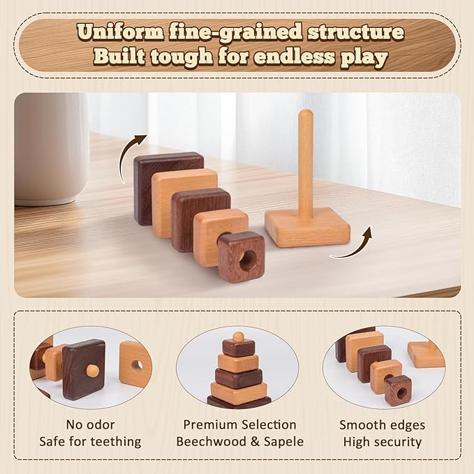 Adena Montessori Ring Natural Wood-Colored Wooden Stacking Toy,Montessori Geometric Stacker Wooden Educational Toy,Baby and Toddler Ages 12+ Months Shape Sorter and Stacking Tower for Babies(Square)