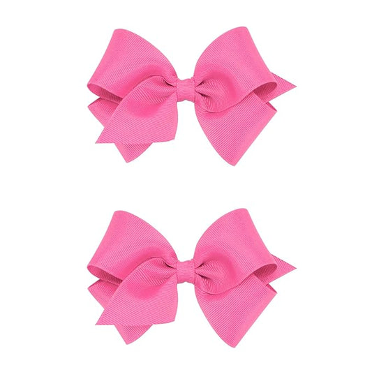 Wee Ones Girls 2 Pack Grosgrain Hair Bows with Plain Wrap Centre on a Wee Stay No Slip Clip, Small, Hot Pink