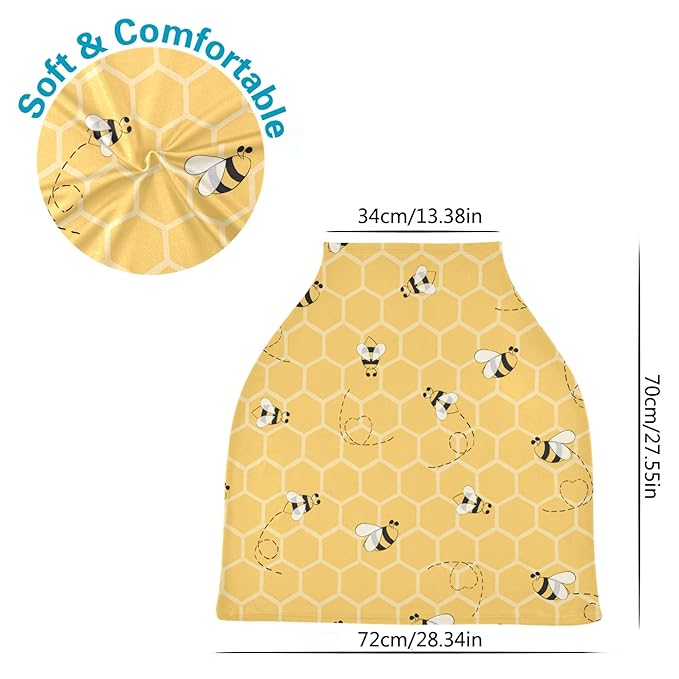 Cute Bee On Honey Yellow Honeycomb Pattern Stretchy Baby Car Seat Cover Infant Canopy Nursing Covers Breastfeeding Cover Breathable Windproof Winter Scarf for Boys Girls