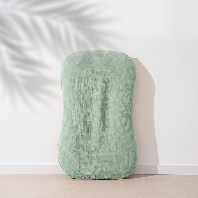 MairMore Muslin Baby Cover for Newborn, Soft and Breathable 100% Cotton Lounger Slipcover Neutral, Pack of 2(Green, Ivory)