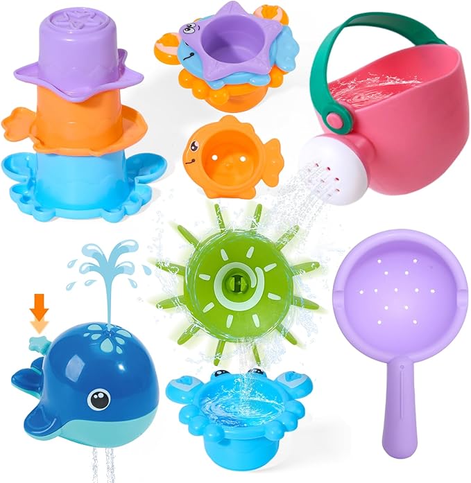 Baby Bath Toys for Kids Ages 1-3, Mold Free Toddler Bath Toys with 3 Stacking Cups & Spinning Wheel and Whale Bath Toy, Variety Bathtub Sand Beach Pool Water Table Toys for 1+ Year Old Boys Girl Gifts
