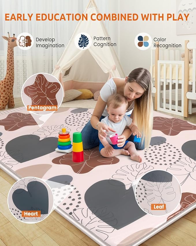 74x50 Playpen Mat Foam Thick, 1 inch Thicker & Waterproof Baby Playpen Mat for Floor Playing, One-Piece Crawling Mat for Indoor Outdoor, Playmat for Kids Toddlers Infants, Gifts for Boys Girls, Boho