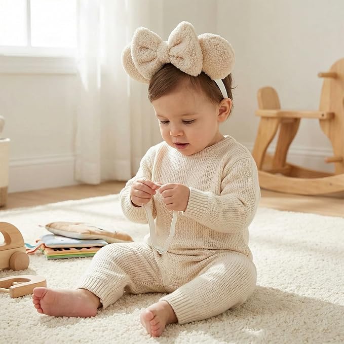 Fleece Wool Mouse Ears Headband with Bow, Adjustable Fluffy Hair Bow Hairband for Infant Toddlers Baby Girls