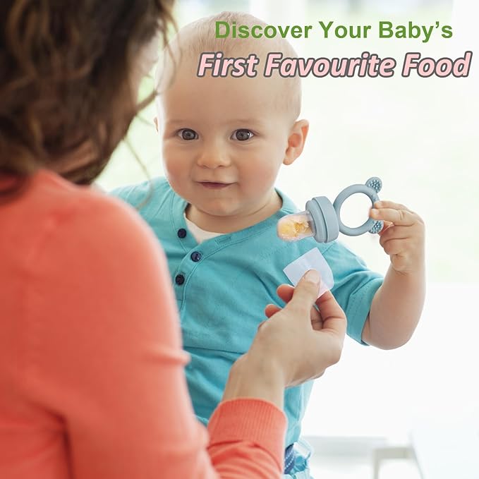 JEXFUN Baby Fruit Food Feeder Pacifier | Silicone Feeder and Teether for Infant Safely Self Feeding | Baby Teething Relief Toy Teether | Includes Additional Silicone Sacs, BPA Free (Sage)