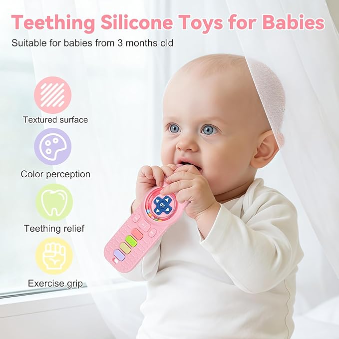 MISSLILI Teething Toy for Babies 3-6-12 Months, Silicone Baby Rattles Teether, Teething Relief Infant Toddles TV Remote Control Teether for 0-24 Months, Pink