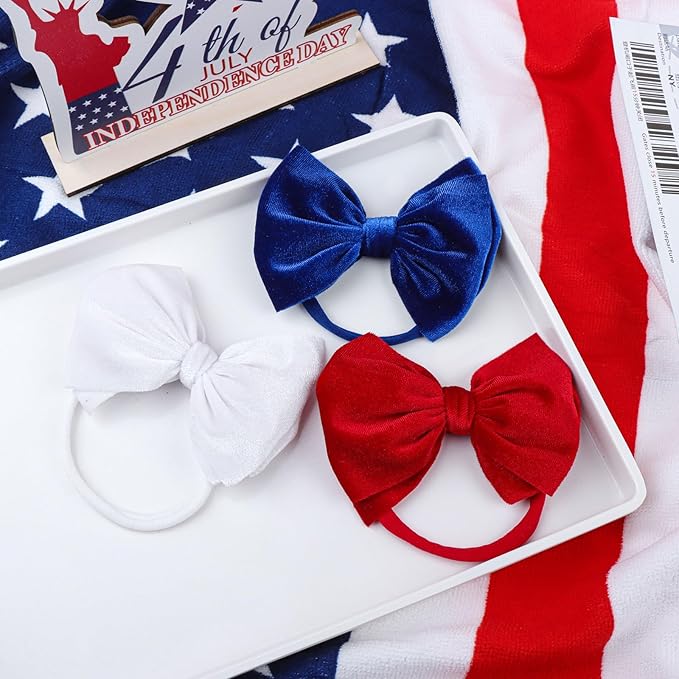 YanJie Hairband, 4th of July Baby Girl Bows Headband, Premium Soft Velvet & Nylon Fabric in Red, White, Blue, Handmade, One Size fits all, Ideal Gift for Baby Girls, 2 Pieces