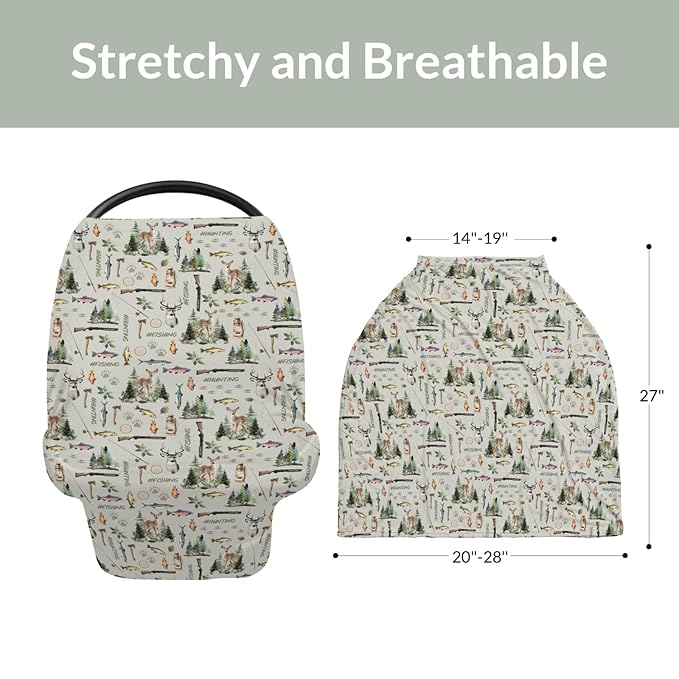 Fishing Hunting Car Seat Cover for Babies Bass Fish Deer Paws Green Forest Stretchy 5-in-1 Cover Adjustable Car Canopy Breastfeeding Cover Nature Hunting Animals Breathable Nursing Cover-Up