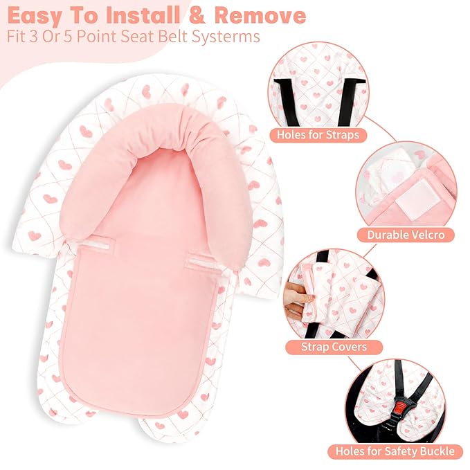 Infant Car Seat Insert, Baby Car Seat Head & Body Support with 2 Strap Pads, Ultra Soft Newborn Preemie Carseat Insert Cushion for Girls Boys, Fits Car Seat, Stroller, Swing, Bouncer, Pink