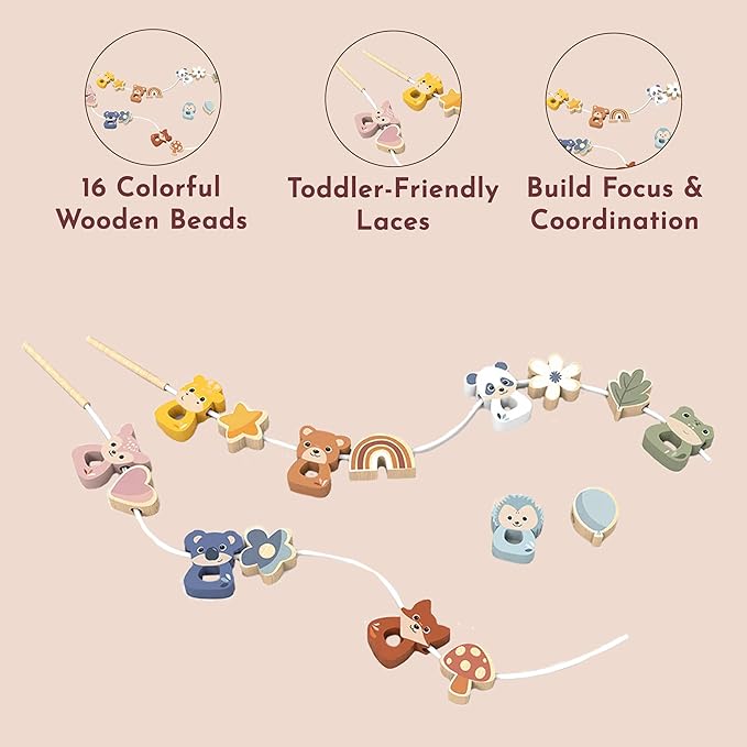 SPEEDY MONKEY Wooden Lacing Beads Set for Toddlers 24m+ | Animal Threading, Sorting & Stacking Toy | Fine Motor Skills & Hand-Eye Coordination | Shape, Color & Pattern Learning Activity Toy for Kids