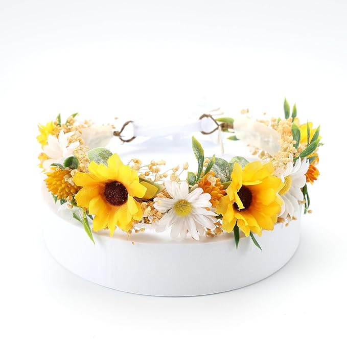 Sunflower Daisy Flower Crown for Toddler 1st Birthday Party Headpieces Midsummer Headband Baby Girls Hair Wreath Photo Prop Cake Smash Photography (Sunflower)