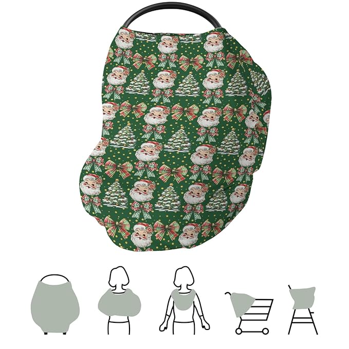 Christmas Santa Trees Car Seats Cover for Babies Santa Claus Red Green Bows Stretchy 5-in-1 Cover Adjustable Car Canopy Cover Winter Holiday Breathable Nursing Cover-Up