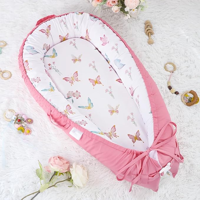 Baby Lounger Cover, Cotton Newborn Nest Cover, Baby Lounger Replacement Covers, Soft & Breathable, Reversible & Adjustable, Pink Butterfly(Cover Only)