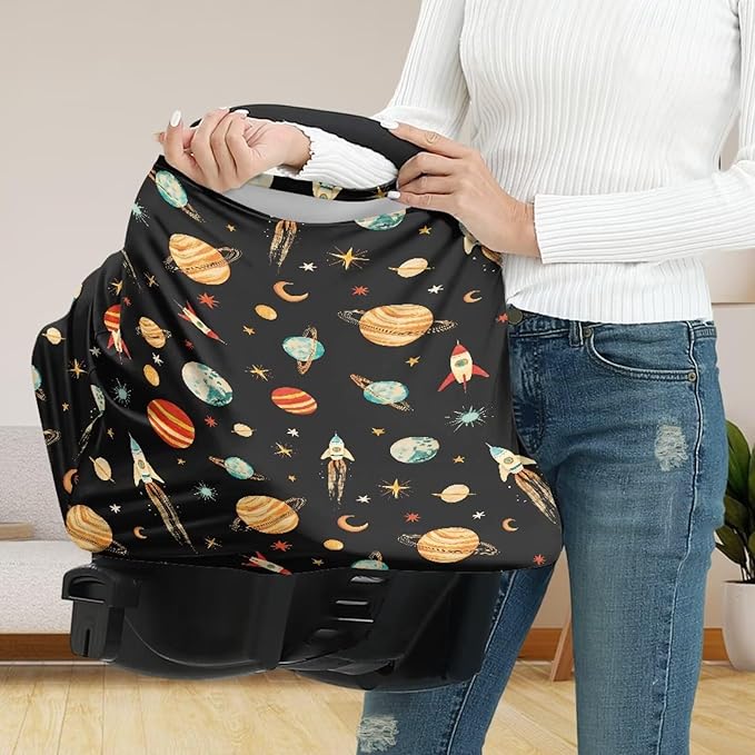 GIFTPUZZ Planet Rocket Stretchy Car Seat Cover for Babies, Nursing Cover Breastfeeding Cover for Baby Boys, Soft Breathable Infant Carseat Canopy, Shopping Cart/High Chair/Stroller Covers