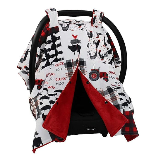 Dear Baby Gear Car Seat Cover for Boys & Girls - Baby Carseat Canopy w/Snap Opening - Infant Seat Cover - Stroller & Nursing Covers - Newborn Carrier Canopy - 40x30" (Farm Faux Quilt - Red Smooth)