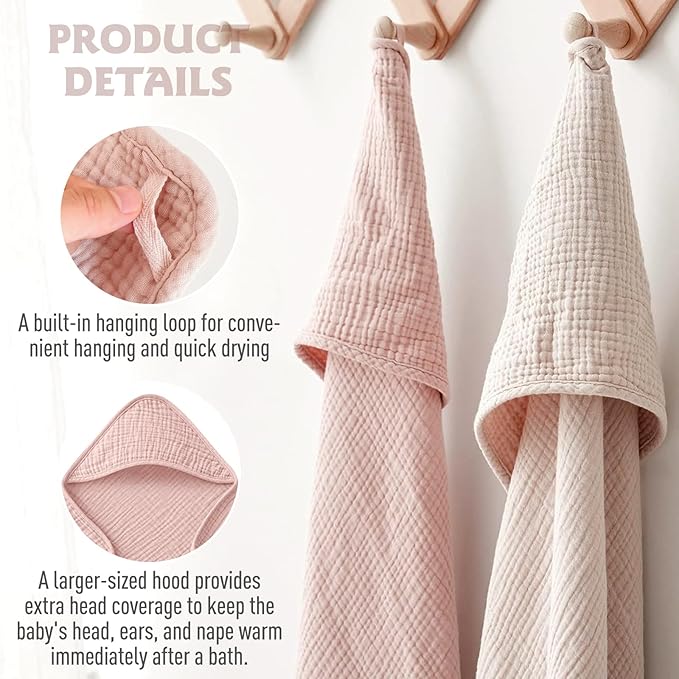 Cinaci 1pc Soft & Absorbent 100% Muslin Cotton Baby Hooded Bath Towel for Baby Girls Boys Newborns Infants Toddlers Kids (Pink)
