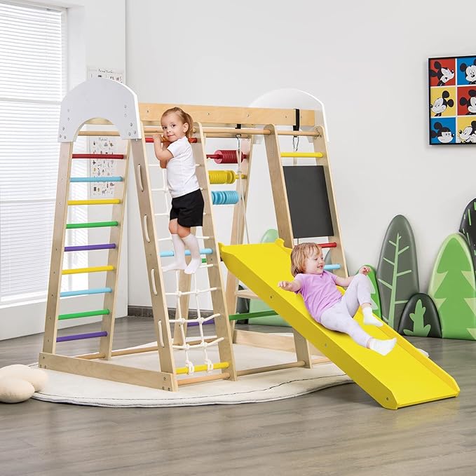 Costzon Indoor Playground, 8-in-1 Montessori Jungle Gym Beech Wood Climbing Toys for Toddlers w/Double-Sided Slide, Climbing Rock/Net, Indoor Playground Climber Playset for Kids 3+ Years (Rainbow)