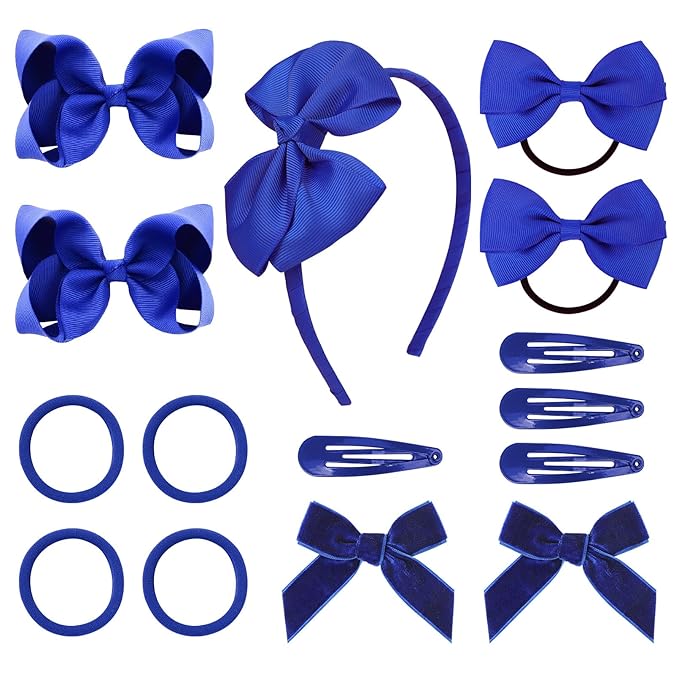 DEEKA Royal Blue 15 Pieces Hair Accessories Set - Uniform Hair Bows, Clips, Headband, Ties for Toddler School Girls