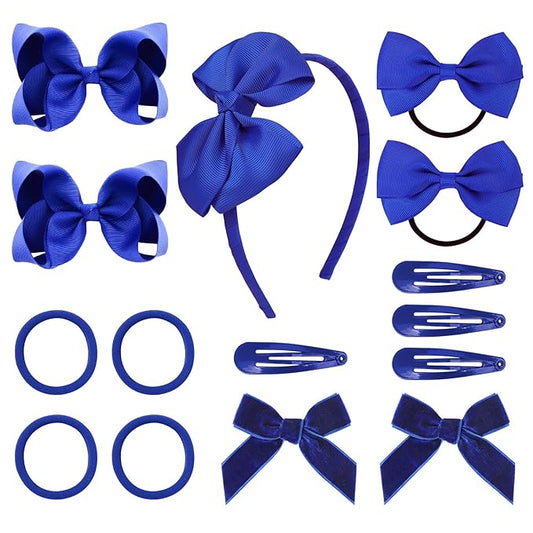 DEEKA Royal Blue 15 Pieces Hair Accessories Set - Uniform Hair Bows, Clips, Headband, Ties for Toddler School Girls
