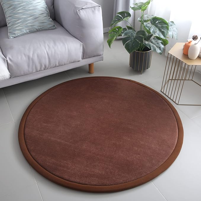Loartee Thick Kids Round Rug - Coral Velvet Area Rugs, Memory Foam Circular Carpet for Nursery Playroom Home Decor Dormitory, Diameter 71 inch, Coffee