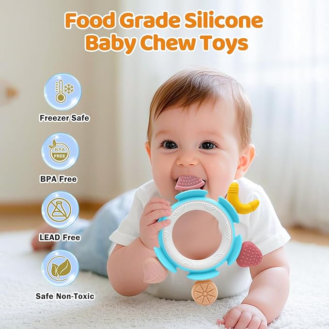 Baby Teething Ring Toy for 3-6-12 Months, Silicone Infant Teether for Sore Gum Relief, Soothing Sensory Chew Toy, Ideal Newborn Gift for Boys Girls Baby Shower, Birthday or Easter, Blue