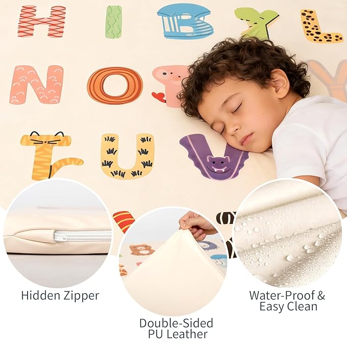 1.3" Thick Baby Play Mat for Floor，50x50 PU Leather Playpen Mat for Toddlers Infant Kids,Ultra Soft Support Cushioned & Waterproof Playmat for Baby Girls and Boys Play on Floor/Alphabet Pattern