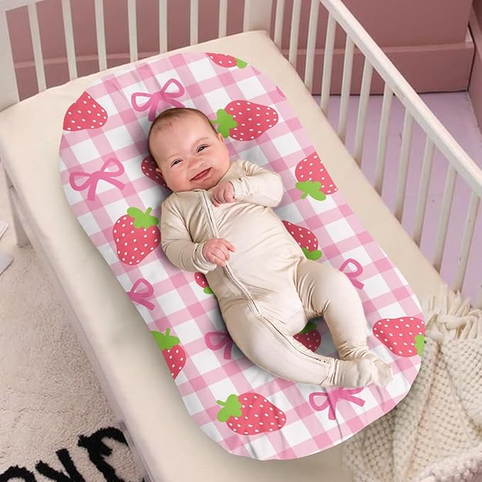 Strawberry Bow Baby Lounger Cover Soft & Breathable Newborn Replacement Nest Slipcover 31.5'' x 21.3'' Lounger Covers for Girls Intant Snuggle Me Cover Pink