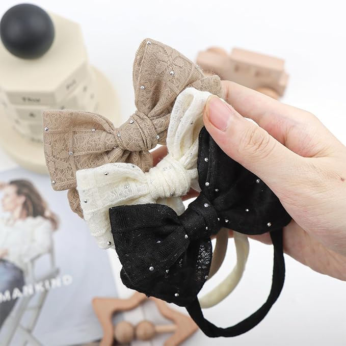 YanJie 3PCS 4’’ Lace Hair Bow for Girls Nylon Baby Headbands Rhinestone Black Beige Off White Bows Hair Accessories for Newborn Infant Toddler Girl