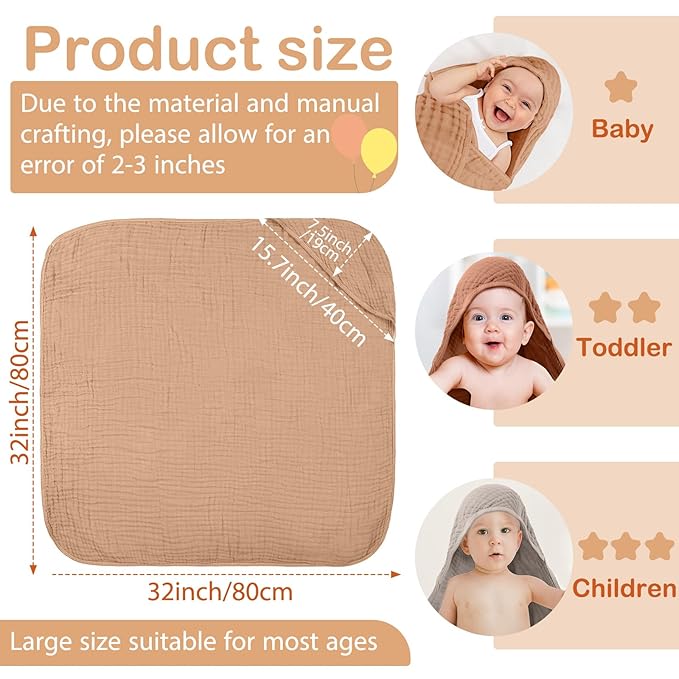 Peryiter 6 Pcs Muslin Hooded Baby Towels 32 x 32 Inch Cotton Newborn Bath Essentials Muslin Infant Blankets Absorbent Registry Gifts for Girl Boy Kids Baby Shower (Brown Series)