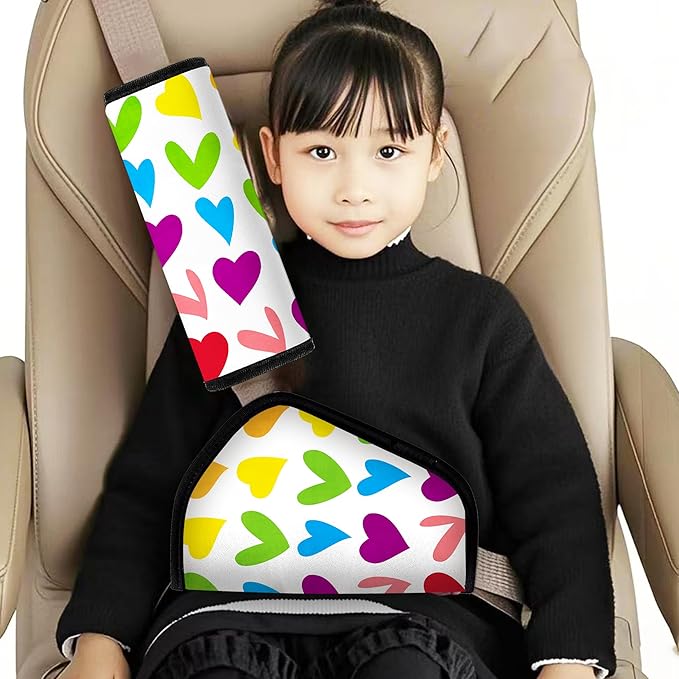 Kid's Seat Belt Cover Pad, Neck & Abdomen Cushion for Children- Soft and Breathable Straps Cover Support (Colorful Heart)