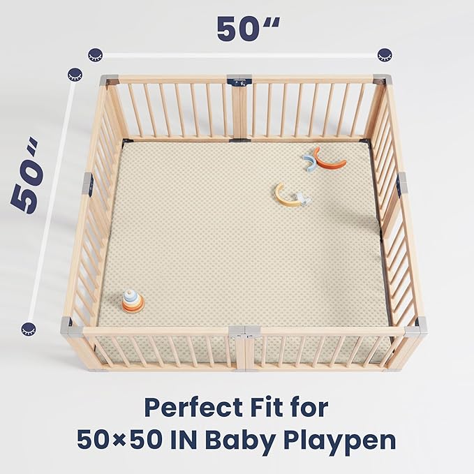 Huloo Sleep Baby Floor Play Mat for Playpen, Extra Thick 50"x50" Padded Mat with Ultra Soft 3D Minky Dot & Removable Washable Cover, Non-Slip & Safe for Crawling,Tummy Time,Infant/Toddler(Beige)