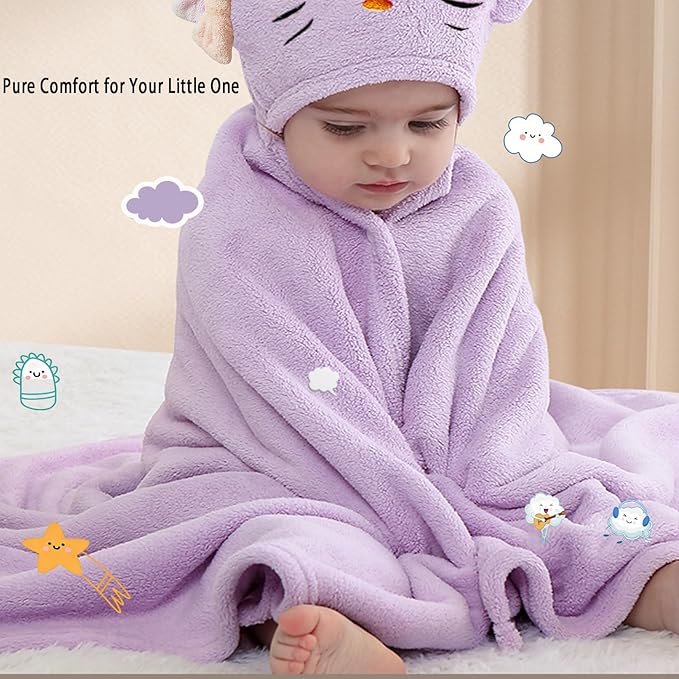 Toddler Baby Bath Towel with Hood 27.5"X55" Ultra Absorbent Soft Cozy Comfort Bathrobe Blanket, 0-6 Years Infant Shower Towel for Girls & Boys(Purple-Cat)