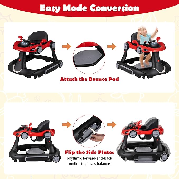 HONEY JOY Baby Walker, 7-in-1 Foldable Baby Bouncer and Rocker Combo, Infant Activity Center w/Canopy, Wheels, Adjustable Height/Speed, Music, Lights, Walker for Baby Boy Girl 7-18 Months (Red)