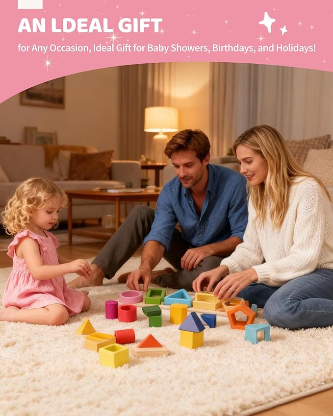 Montessori Toys for 1 2 3 Year Old, Wooden Stacking & Sorting Toy with Geometric Shapes, Educational Learning Toys and Birthday Gifts for Toddlers Boys Girls 1-3