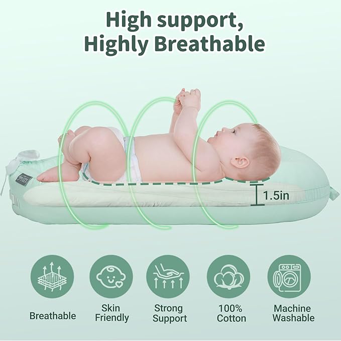 Infant Support Cushions | Baby Lounger | Organic Cotton Infant Lounger | Reversible, Adjustable & Portable Floor Lounger | Supervised Use | Soft, Breathable, Washable Cover(Green)
