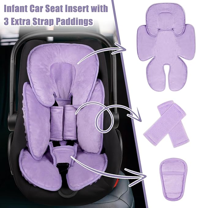 2 in 1 Infant Car Seat Insert Head and Body Support Set, Reversible Newborn Insert for Carseat with 3 Extra Strap Paddings, Soft Stroller Cushion Pillow Insert Girls, Fits for Stroller, Swing, Purple
