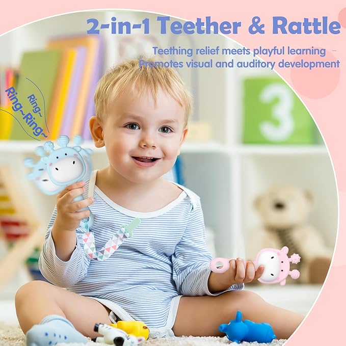 2 Pcs Teething Toys for Baby, Silicone Giraffe Teether Toy for Teething Relief, Baby Chew Toys Sore Gums, Teethers 0-6 Months Gift