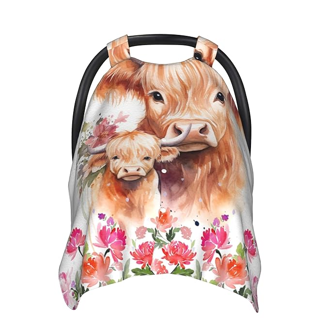 Personalized Baby Car Seat Canopy with Name Custom Minky Highland Cow Car Seat Covers Nursing Cover for Breastfeeding Multi-Use Cover Infant Carrier Carseat Winter Cover for Newborn Girls Boys