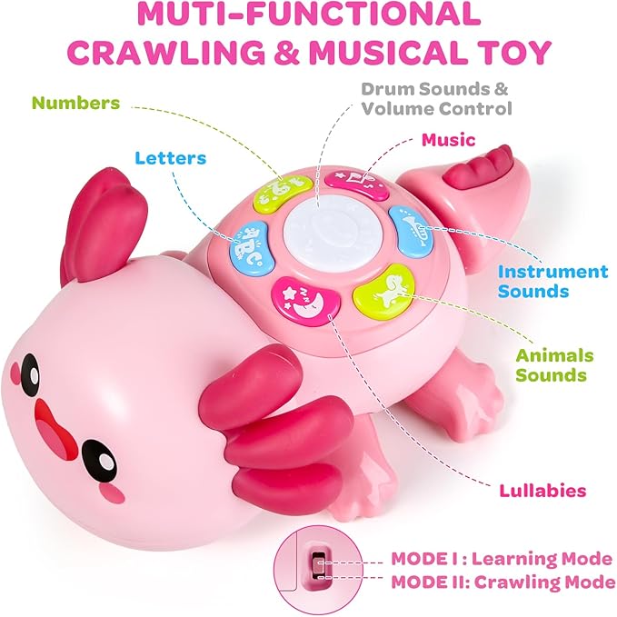 Baby Toys 6 to 12 Months, Light Up Tummy Time Toy for 12-18 Months, Crawling Axolotl Early Educational Musical Toy with Light, Christmas Birthday Gifts for Infant Baby 6-12 Month 1 2 Year Old